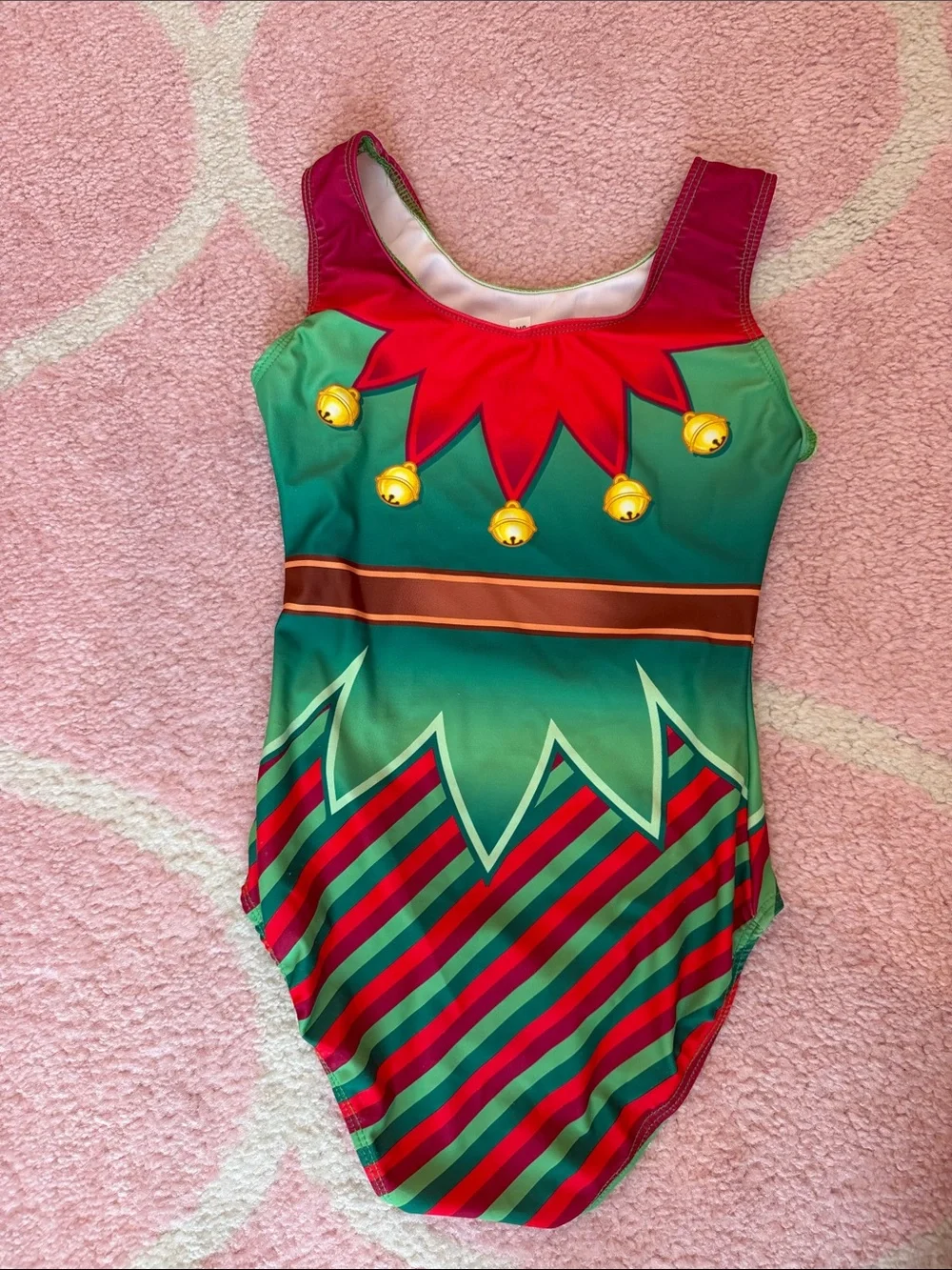 Destira girls, gymnastics leotard Green & Red Elf Leo size child extra large